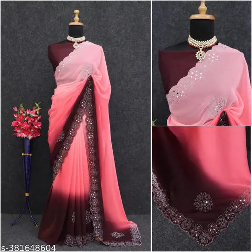 Bollywood style long silk Georgette sari with sequin work and borders