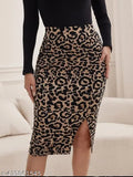 Chic leopard print bodycon midi skirt with side slit, polyester blend for stylish comfort and ease of movement. Available in XS, S, M, L sizes. Made in India