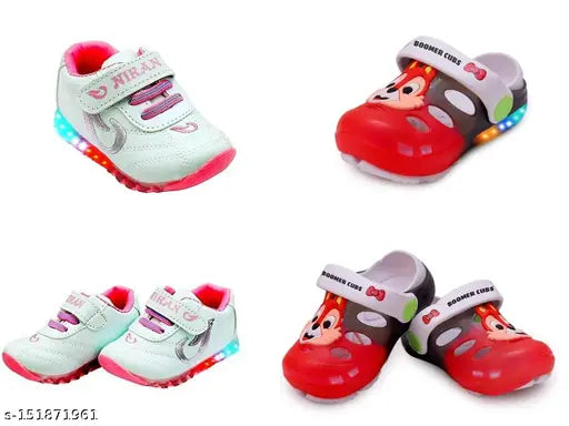 Angelwalk New Kids LED Light Shoes & Clogs Combo - Patent leather, rubber sole, memory foam insoles, Velcro fastening. Limited edition Indian-made children's walking shoes with built-in LED lights