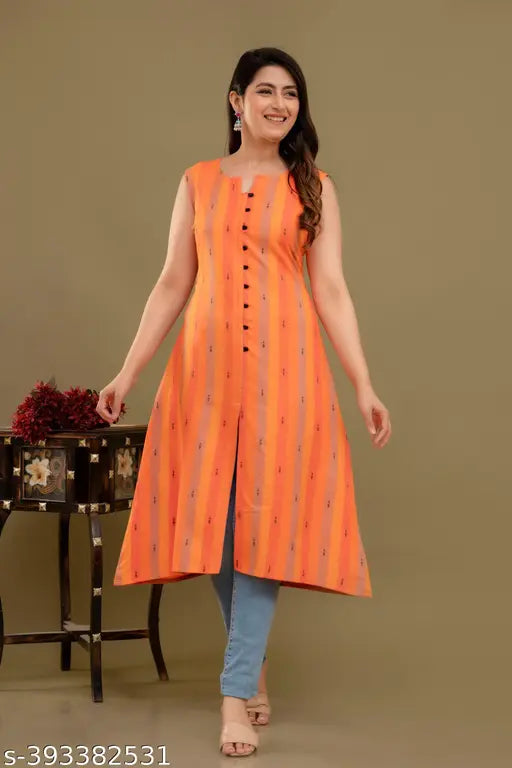 Stylish sleeveless cotton embroidered front slit kurti for women, vibrant colors on display