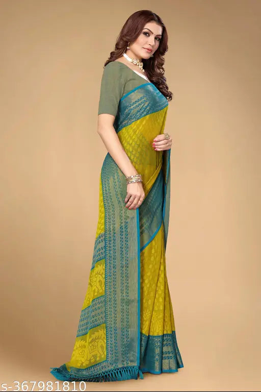 Chiffon Brasso tilak print jhaler saree with matching border Unstitched blouse. Striped pattern, free size, perfect for weddings/parties & traditional gatherings. Indian handcrafted