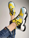 Stylish yellow mesh and PU casual sports sneakers for girls, colorblocked design, lace-up fastening