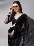 Black georgette heavily embroidered saree with transparent backing, suitable for multiple occasions