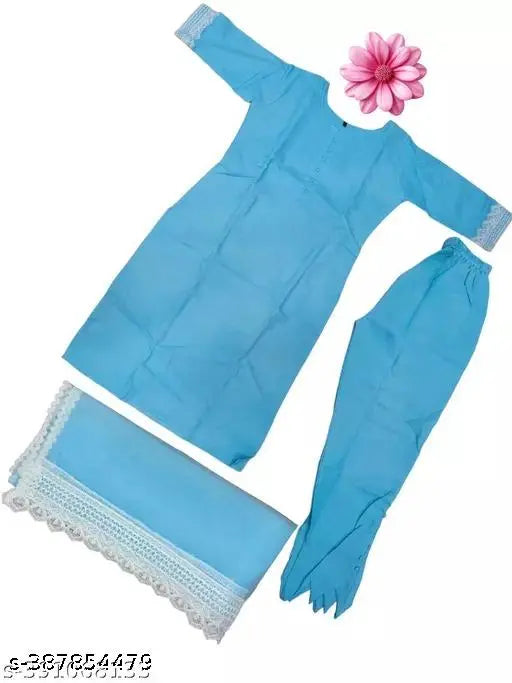 Cotton blend kurta set for women with dupatta and pants, three-quarter sleeves, dyed/washed net pattern. Indian handcrafted ethnic wear in sizes XS to XXXL