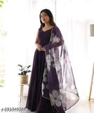 Dark wine Georgette gown with digital print dupatta, sleeveless, ready-to-wear fashion