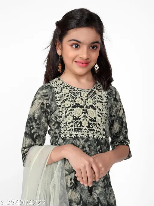 Girls cotton embroidered A-line Kurta set with dupatta, printed with vibrant designs, three-quarter sleeves and matching trousers bottom. Size options: 4-5Y, 5-6Y, 6-7Y, 7-8Y, 8-9Y, 9-10Y, 10-11Y, 11-12Y, 12-13Y, 13-14Y. Made in India