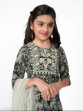 Girls cotton embroidered A-line Kurta set with dupatta, printed with vibrant designs, three-quarter sleeves and matching trousers bottom. Size options: 4-5Y, 5-6Y, 6-7Y, 7-8Y, 8-9Y, 9-10Y, 10-11Y, 11-12Y, 12-13Y, 13-14Y. Made in India
