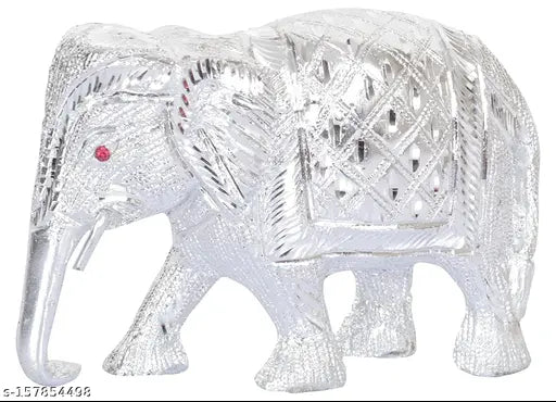 White metal elephant idol medium size, silver decorative showpiece for home/office table. Symbolizes wisdom and strength." (108 characters)