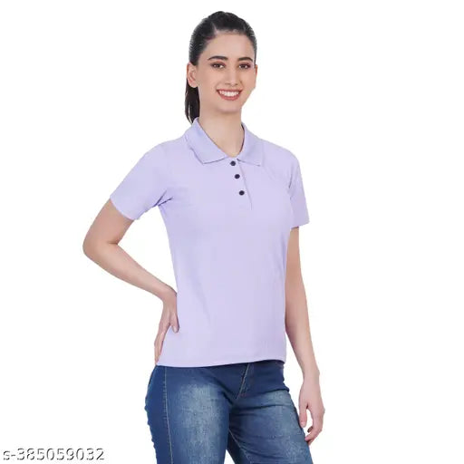 Tanushk Women's black cotton polo t-shirt, half sleeve, button neck, collar - Indian made