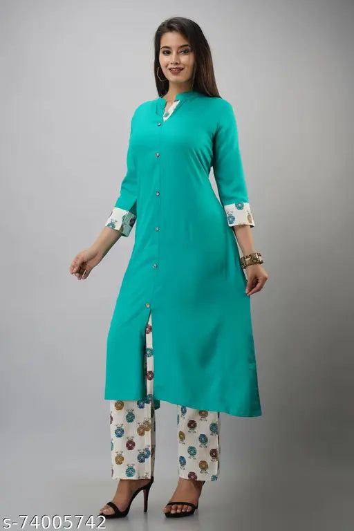 MAUKA Women's Rayon Aline Kurta Set with Cotton Palazzo Pants - Solid, pure rayon, comfortable, easy-wear