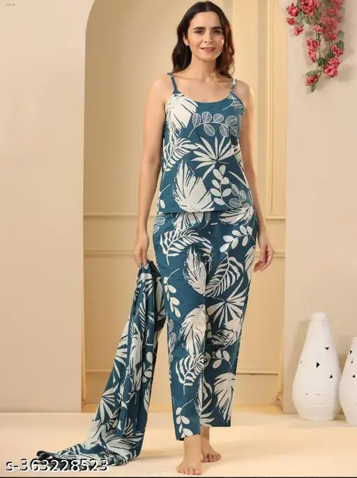 Green cotton Pimu night suit for women, printed pattern pyjamas on hanger