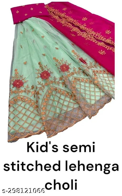 Embroidered net semi-stitch Lehenga Choli and Dupatta in dupion silk for kids, featuring cut work border on flair and inner silk lining