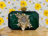 Women's fashion resin crystal clutch with gold accents