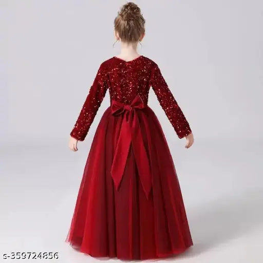 Purple sequin net western wear dress for girls, long sleeves, trendy round neck design