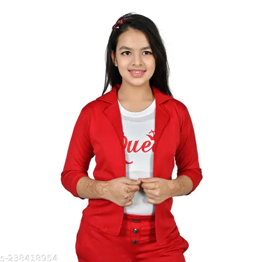 Young woman wearing a red blazer with white text