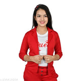 Young woman wearing a red blazer with white text