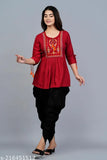 Rayon tunic and dhoti set with three-quarter sleeves, embellished Indian clothing for women
