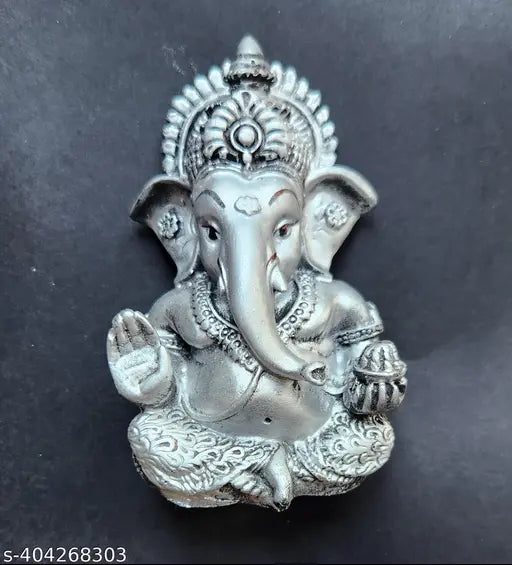 Silver plated antique Mukut Ganesha, 3.5" tall, versatile home decor/car dashboard accessory for gifting, Diwali, or New Year celebrations
