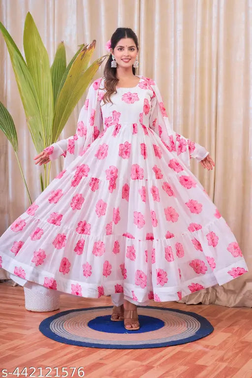 Vibrant, colorful digital-print floral Anarkali gown in mix colors, 9 meter flair, fully stitched for festivals & special occasions, made from Georgette fabric (S-XXL sizes)