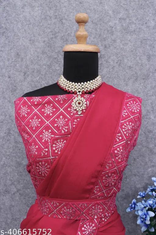 Latest designer embroidered chiffon saree with sequin belt & unstitched blouse, solid-patterned chiffon running blouse