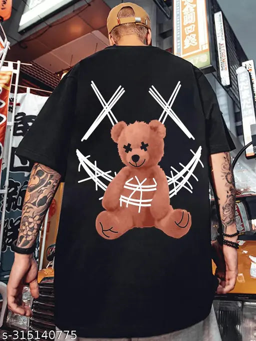 Teddy Black Oversized Round Neck Anime Print Cotton T-Shirt, ideal for men's casual wear