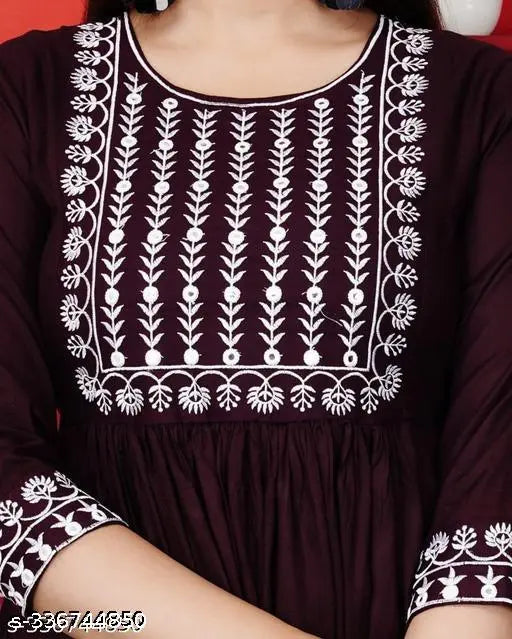 Rayon embroidered flared kurta, three-quarter sleeves, Indian ethnic wear for women in S, M, L, XL, XXL, XXL sizes