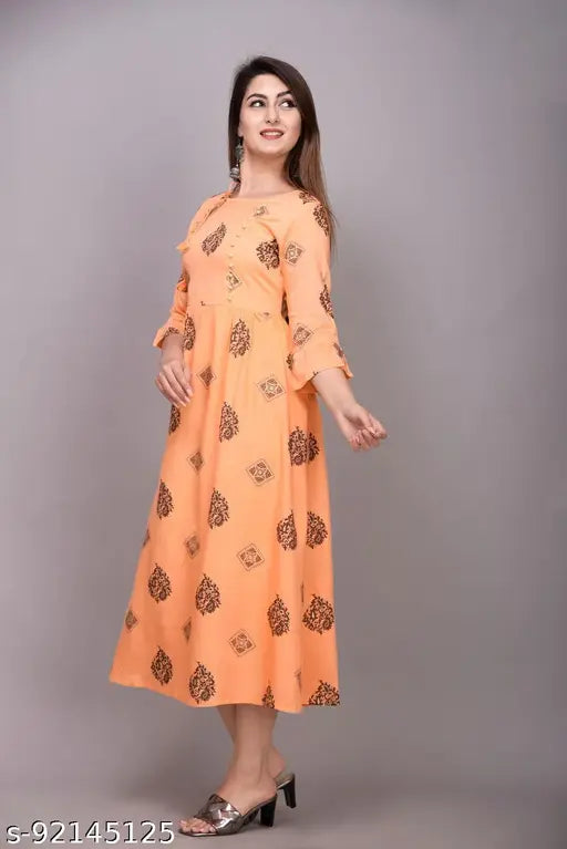 Orange rayon sleeveless kameez with flared hem