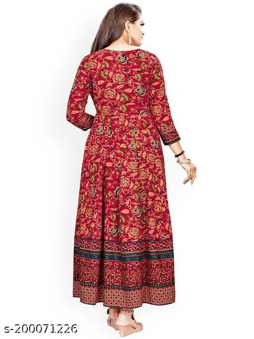 Printed maroon rayon anarkali kurti, trending and beautiful, three-quarter sleeves on fashionable woman