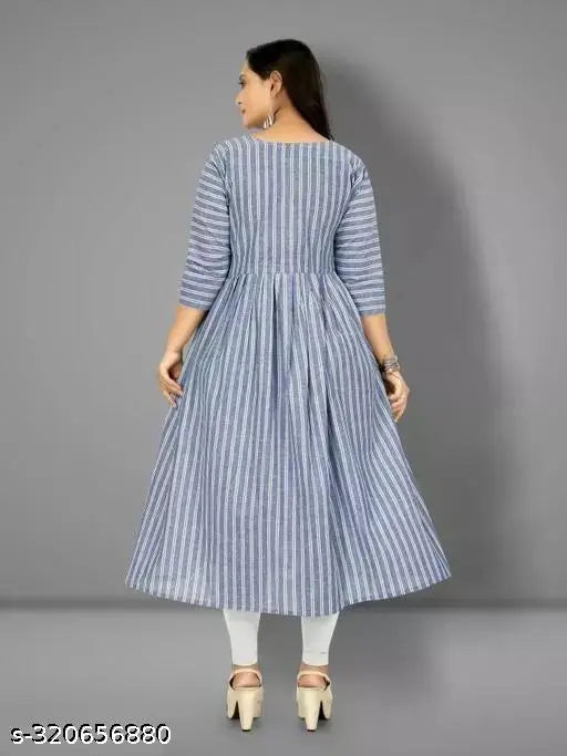 Traditional blue cotton Anarkali printed kurti for women & girls, three-quarter sleeves, striped print design. Perfect for festive wear, office, and weekend get-togethers. Comfortable fit and lightweight cotton fabric