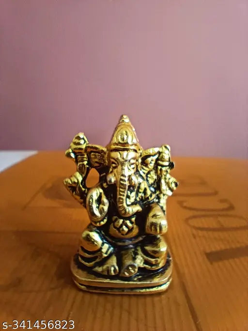 Metal Ganesh Idol for Car Dashboard, Home Decor - Gold Plated Lord Ganesha for Diwali Gifts (5cm x 5cm x 3cm)