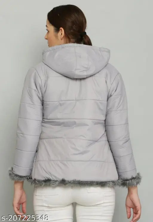 Silver quilted fur jacket PU, long sleeves, solid pattern by M A FASHION (S: bust 35in, length 24in; M: bust 37in, length 24in; L: bust 39in, length 25in; XL: bust 41in, length 25in)