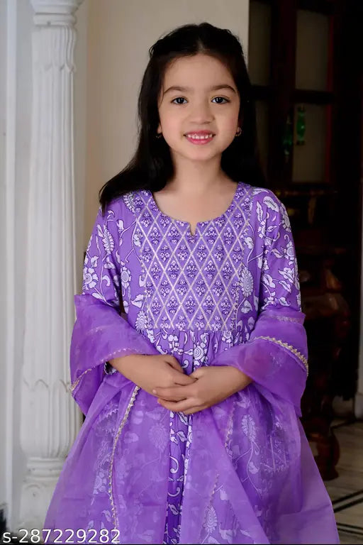 Kids ethnic rayon set, A-line palazzos with printed three-quarter sleeves kurtas and dupatta for festive look. Machine washable and available in various sizes from 5-6 years to 13-14 years