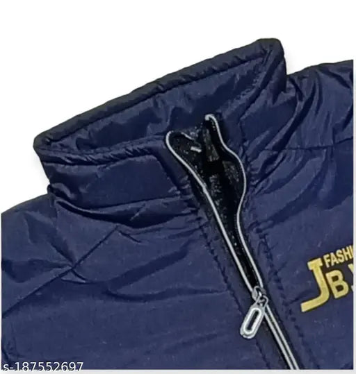 Blue zip jacket with white lettering on collar