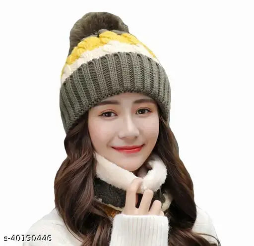 Winter beanie cap set, green and white striped, fur lining, muffler scarf included, knit style