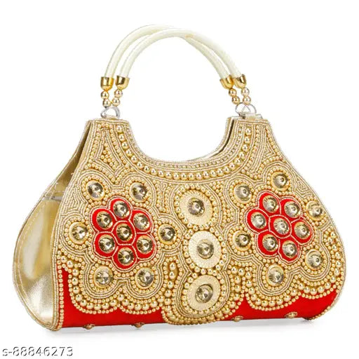 Golden embroidery and sequins appliqué on a red background, golden zipper closure