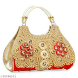 Golden embroidery and sequins appliqué on a red background, golden zipper closure