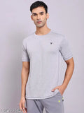 Grey polyester active T-shirt for men, solid round design with Rapid Dry technology for comfort during workouts. Men's running T-shirt available in S, M, L, XL, and XXL sizes. Made in India