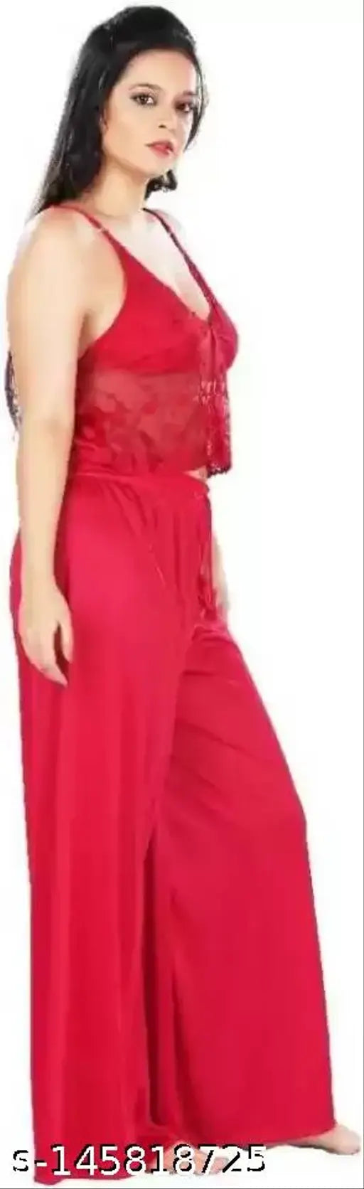 Red satin womens pyjama set with lace pallazo, soft and comfortable for work from home or sleepwear