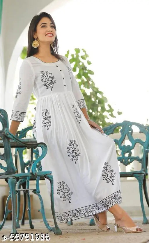Black cotton printed Anarkali kurti with designer block print, perfect for women's casual wear on hanger