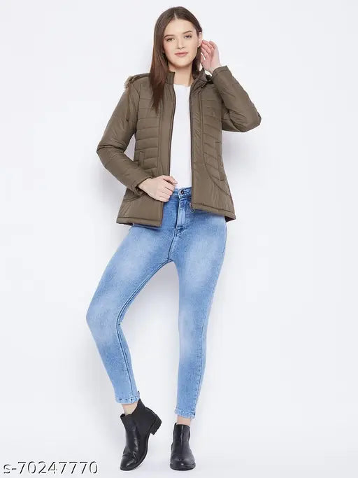 Olive polyester women's parka jacket, quilted with polyfill, detachable faux fur hood, full sleeve, two exterior pockets - Vero Amore winter wear