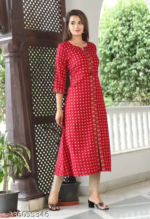 Printed rayon A-LINE dress with three-quarter sleeves, vibrant Indian pattern