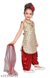 Stylish marron and gold cotton Patiala sleeveless VNeck suit for girl (A-line dhoti pants with embroidered digital print, suitable for weddings, parties, birthdays, festivals)