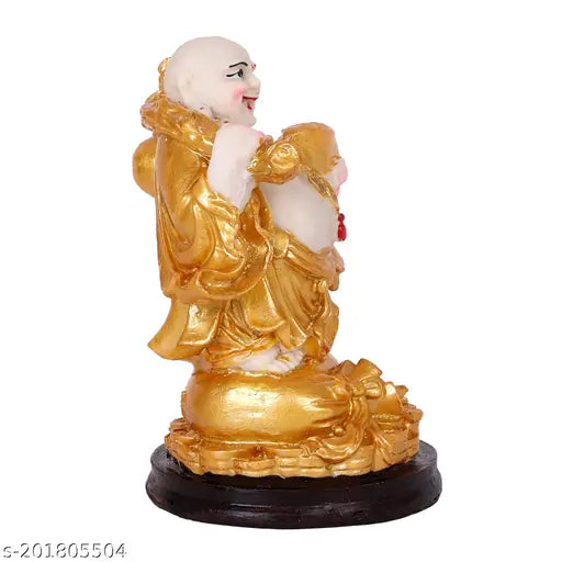 Polyresin Laughing Buddha figurine, laughing Buddha with lucky coins and golden ingot, Indian home decoration or gifting, 11cm x 17cm x 11cm