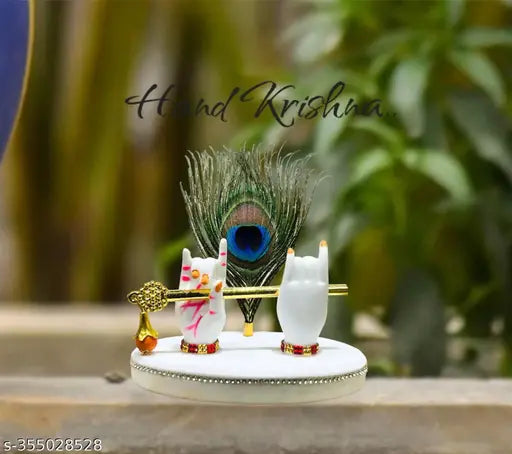Marble dust small white Krishna hand statue with peacock feather brass flute for home decor, office gift showpiece (4 inch, best quality)