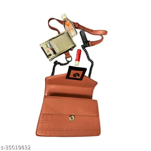 Red allure sling purse with metal chain and strap, wallet and makeup bag insertion points