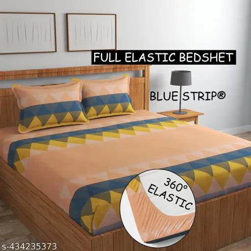 Elastic cotton double bedsheet set with geometric pattern, 2 pillow covers (78x72"), ideal for heavy mattresses in mild winter. Made in India