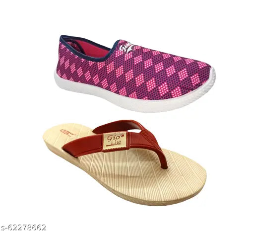 Pink mesh casual shoes & cream slipper (Pack of 2) - lightweight, women-friendly footwear in India