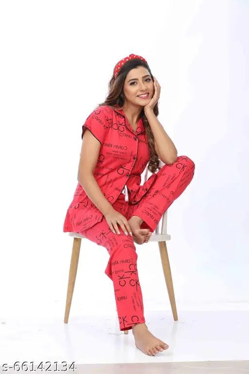 Pink hosiery cotton printed night suit set, featuring half-sleeve shirt with pyjama for women's comfortable sleepwear. Made in India