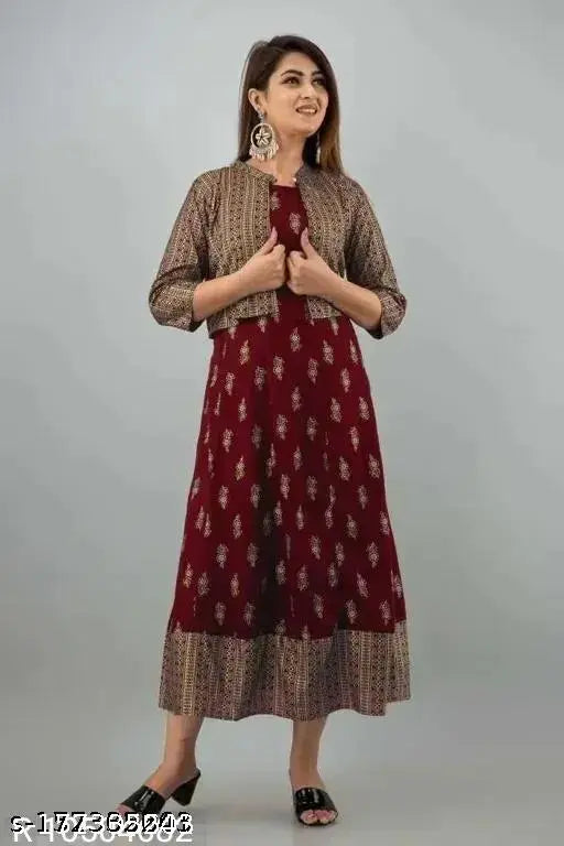 Blue rayon printed Jacklin Kurta with jacket, three-quarter sleeves - Indian women's fashion