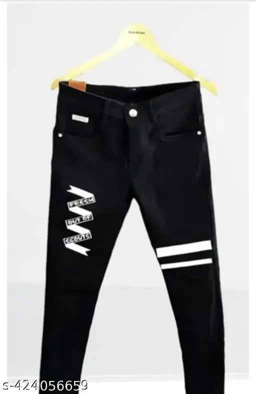 Men's black denim pants with white striped print